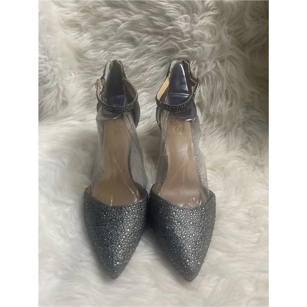 Thalia Sodi Vanessa pewter GlitterPointed-Toe Ankle-Strap Heels back zipper SZ11
